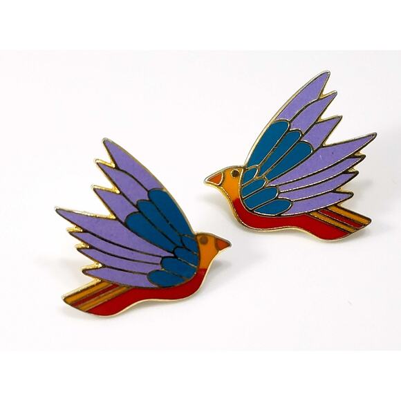 Laurel Burch "Celeste" Bird Earrings, Gold Plated Cloisonne Enamel, 1980s - Picture 6 of 10